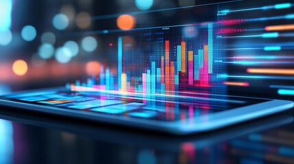 Digital financial graph displayed on a tablet alongside printed quarterly reports, showing a comparative analysis of business growth Stock Photo with side copy space