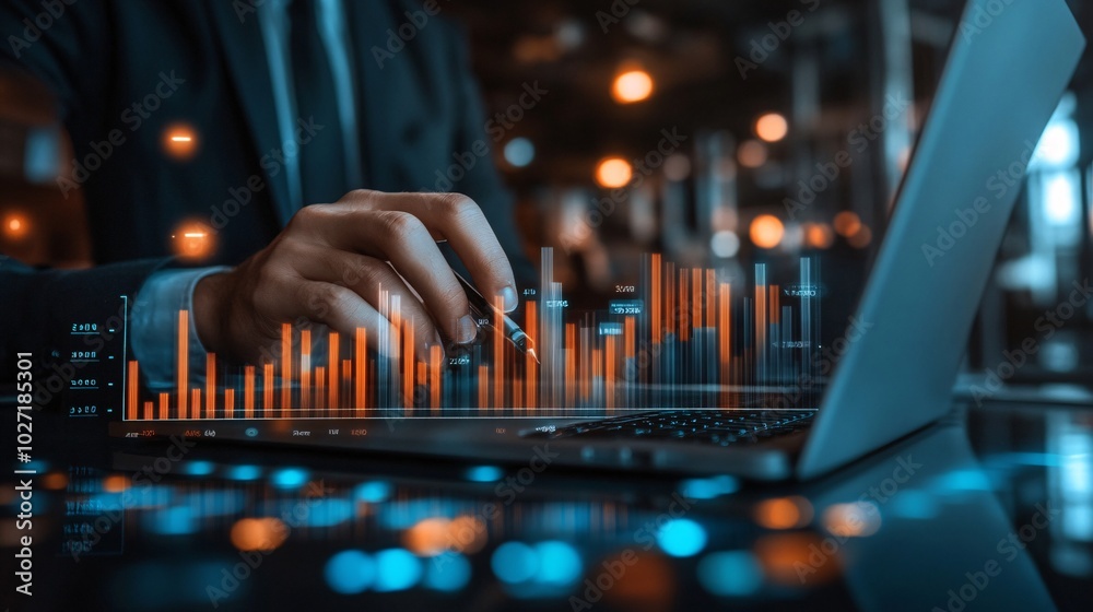 Poster Professional reviewing financial charts on both a laptop screen and printed documents, highlighting key metrics for a presentation Stock Photo with side copy space