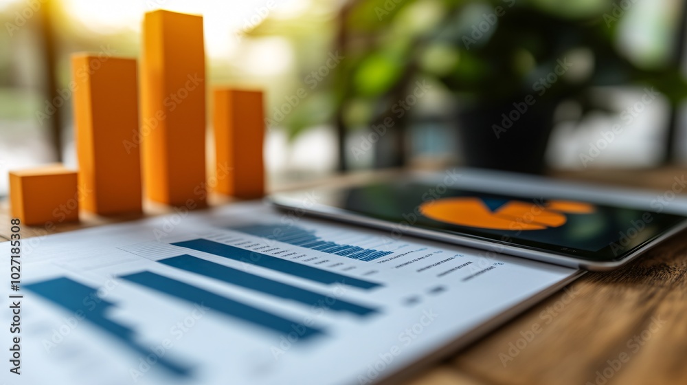 Poster Printed financial reports showing pie charts and line graphs next to a tablet displaying real-time data analysis Stock Photo with side copy space