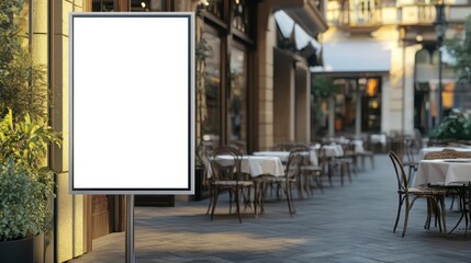White ad signboard mockup for product advertisement beside outdoor restaurant.