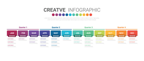 Infographic quarterly template for presentation 12 months in 4 quarter can be used for workflow layout, process diagram, flow chart.