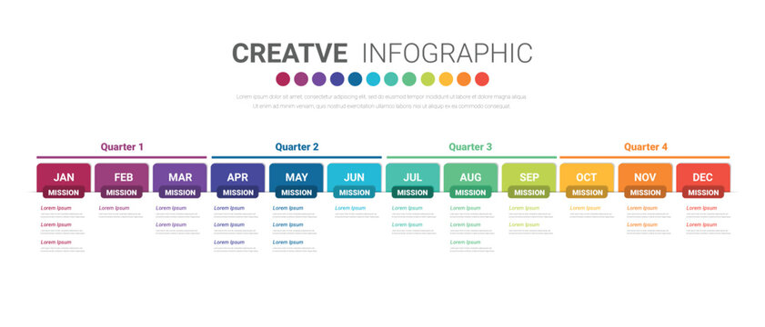 Infographic quarterly template for presentation 12 months in 4 quarter can be used for workflow layout, process diagram, flow chart.