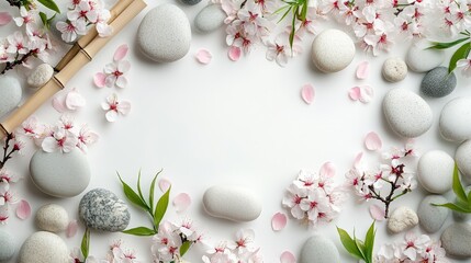 White Background with Almond Blossoms, Stones, and Bamboo