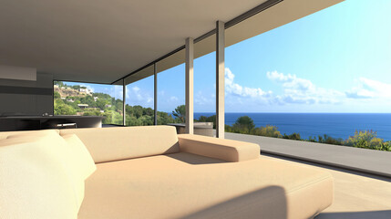 Fototapeta premium Modern beige living room by sea. Minimalist design. Large window. For stock photo or decor mag.