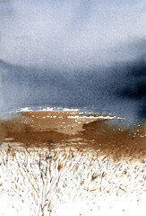 Loose abstract watercolor landscape. Abstract watercolor impression painting. Moody rainy horizon. Original drawing, ready for print.