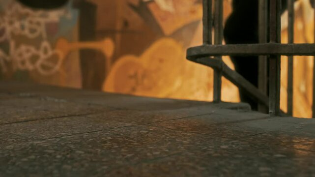 Feet in black sneakers. A guy climbing up the stairwell in a house.
