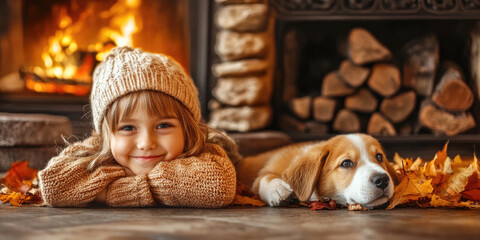 A smiling child in a knitted hat lies beside a relaxed puppy in front of a warm fireplace with autumn leaves scattered around.
