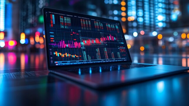 Workstation with a laptop showing financial trends, printed reports and graphs laid out on the desk for comprehensive analysis Stock Photo with side copy space