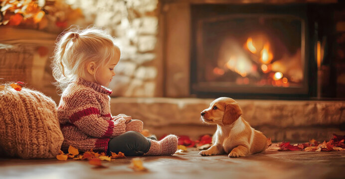 A child in a cozy sweater sits with a small puppy by a warm fireplace, surrounded by autumn leaves and soft textures.