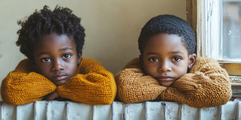 Sad african Two children lean on a radiator, wrapped in thick knitted sweaters, facing heating challenges during the cold season.