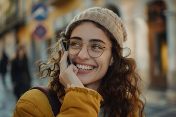 A Pretty woman smiling and pretending she is talking