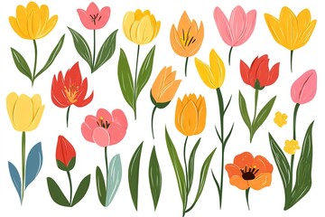 Obraz premium Set of simple colorful spring flowers illustration on a white background, in a flat design style