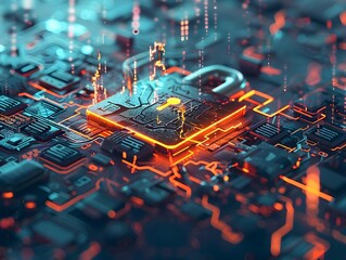 Futuristic Padlock Icon with Holographic Interface and Digital Data Streams