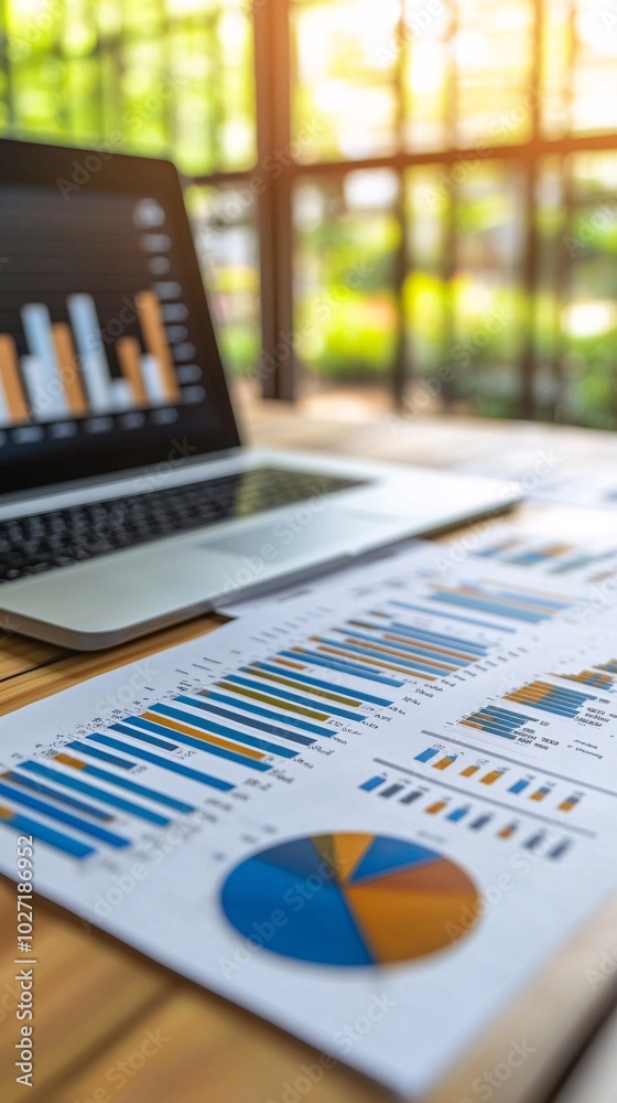 Poster Printed insurance reports and financial charts displayed next to a laptop screen showing a comprehensive data analysis Stock Photo with side copy space