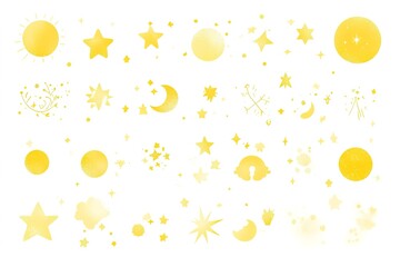 icon set of yellow sparkles, simple shapes, white background, cute style, cute design