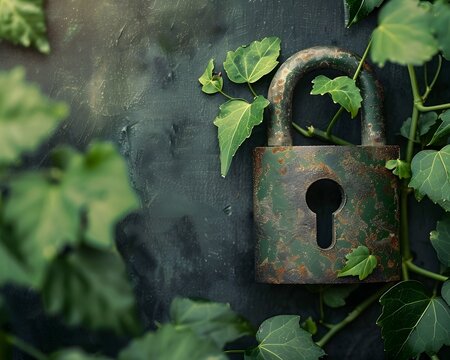 Padlock Icon Surrounded by Growing Vine Symbolizing Environmental Protection - Powered by Adobe