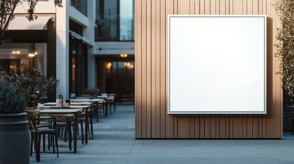White ad signboard mockup for product advertisement on wooden wall at outdoor restaurant.