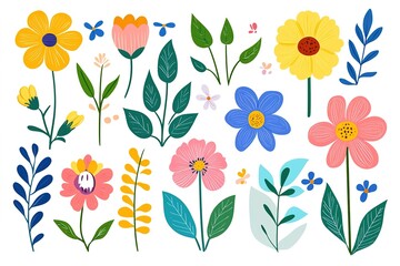 flat style colorful flowers and floral elements collection on a white background