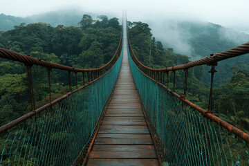 Obraz premium Suspension bridge over lush green forest, misty atmosphere, natural landscape.