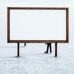 Blank wooden billboard on ice, ready for advertisement, minimalistic design.