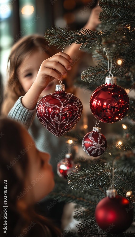 Poster A young girl hangs a red heart-shaped ornament on a Christmas tree.