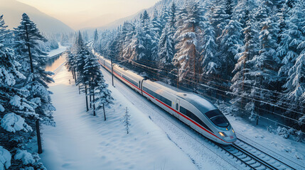 A high-speed train driving on a snowy forest in winter.