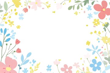 White background with pastel orange, pink, and green abstract shapes framing the edges of an empty rectangular frame