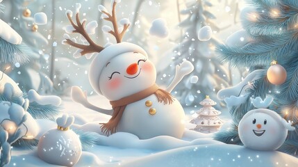 Obraz premium Cute Snowman with Reindeer Antlers in a Snowy Winter Wonderland