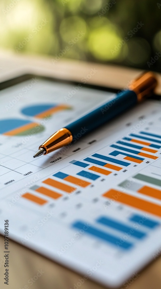 Poster Close-up of financial charts related to insurance policies displayed on a tablet and accompanied by printed reports Stock Photo with side copy space