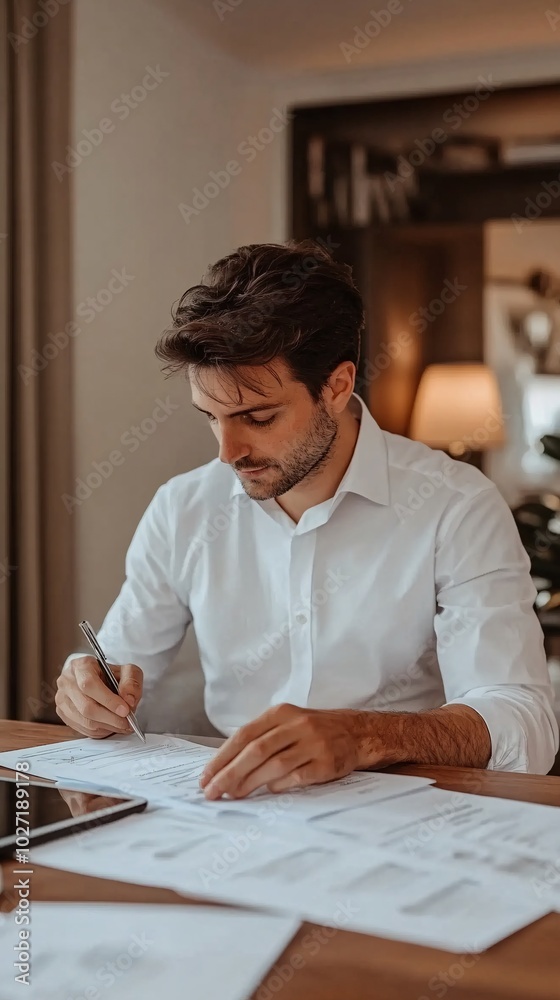 Poster financial planner reviewing insurance policy graphs on both printed documents and a digital tablet s