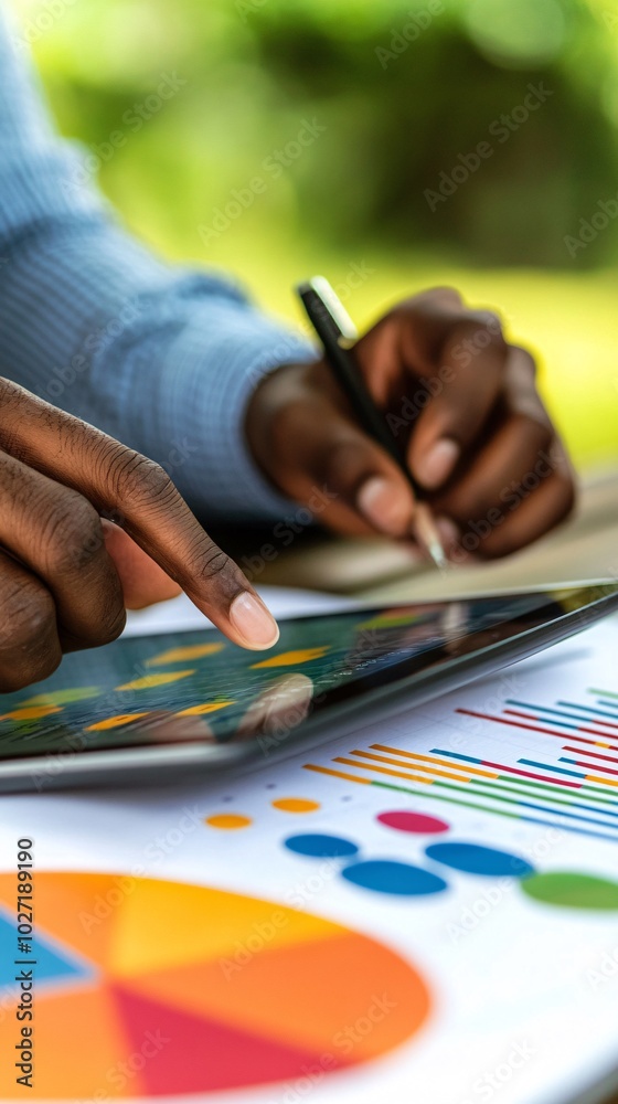 Poster insurance professional presenting a digital financial report on a tablet with printed charts in hand