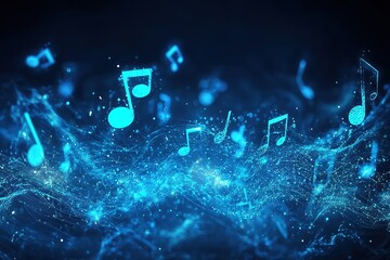 Blue background with glowing musical notes and waves, representing the concept of music in digital marketing for social media or website design