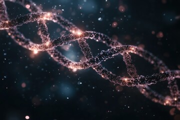Glowing dna molecule floating in a dark environment with particles