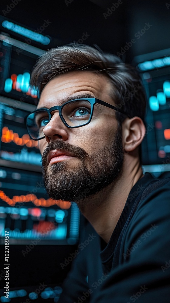 Aufkleber Insurance agent highlighting trends in printed financial reports while showing real-time data on a digital screen Stock Photo with side copy space