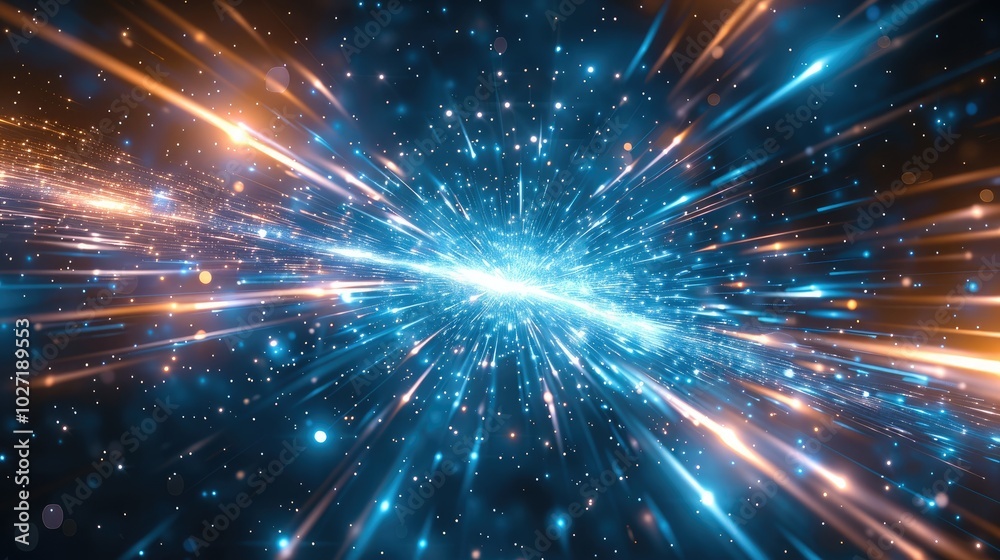 Poster abstract blue light speed background with laser rays and glowing flare in the center, motion blur ef