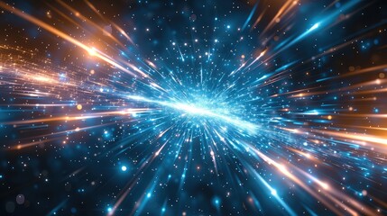 Abstract blue light speed background with laser rays and glowing flare in the center, motion blur effect, futuristic design concept for technology or science illustration.