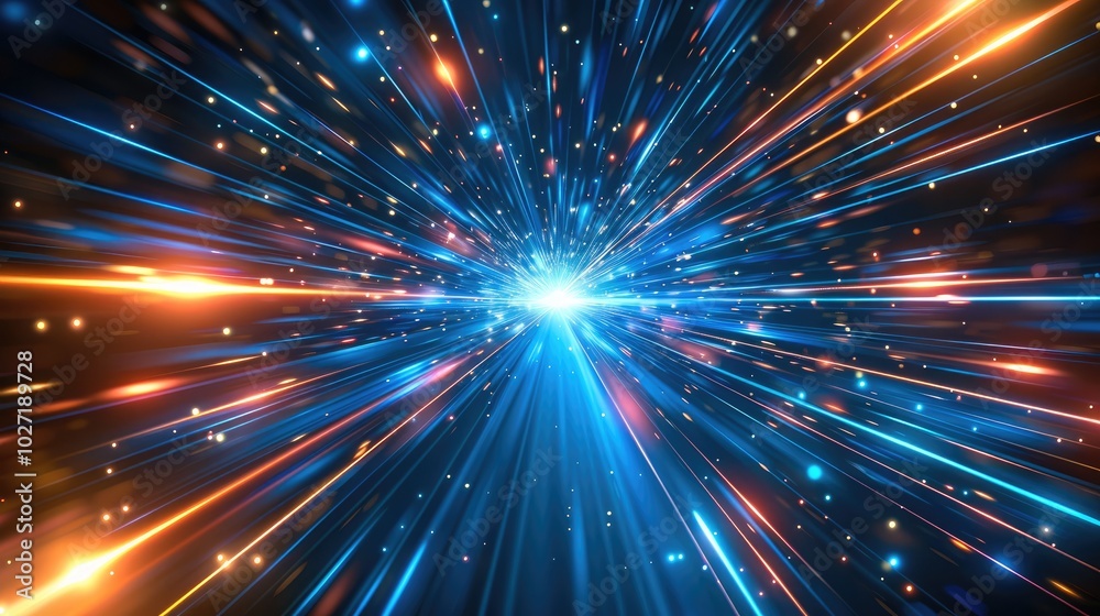 Poster abstract blue light speed background with laser rays and glowing flare in the center, motion blur ef