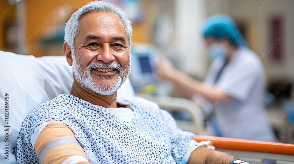 Aufkleber man with a cast on his arm sitting on a hospital bed with a nurse adjusting the cast stock photo wit