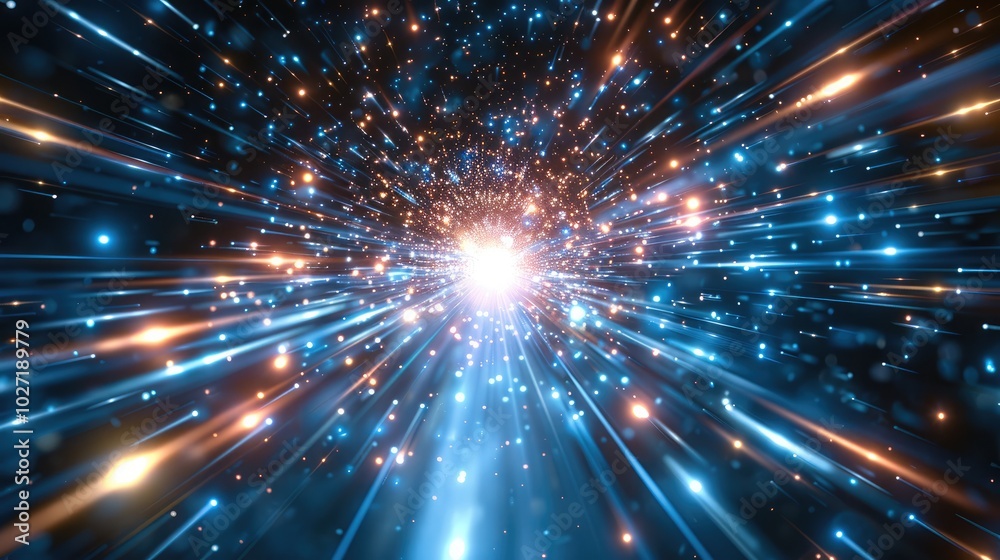 Poster abstract blue light speed background with laser rays and glowing flare in the center, motion blur ef