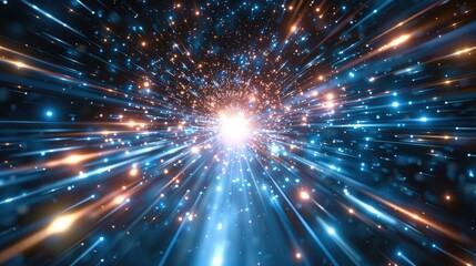 Naklejka premium Abstract blue light speed background with laser rays and glowing flare in the center, motion blur effect, futuristic design concept for technology or science illustration.