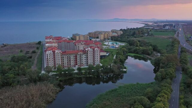 Aerial view to hotel complex on the Black Sea near a river. Aheloy, Burgas, Bulgaria