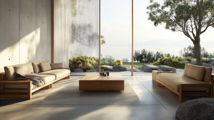 Modern beige living room by sea. Minimalist design. Large window. For stock photo or decor mag.