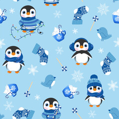 Seamless Pattern with cute cartoon Christmas penguins and Christmas sock on a blue background. For decoration textile, packaging.