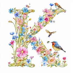 Isolated on white background, letter K covered in vibrant wildflowers and surrounded by gentle spring breezes.