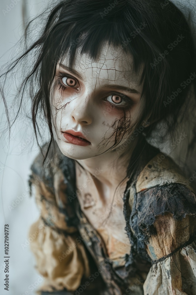 Wall mural A young woman with pale skin, dark hair, and red eyes stares intensely at the camera. Her face is covered in cracks and wounds, giving the impression of a doll or zombie.