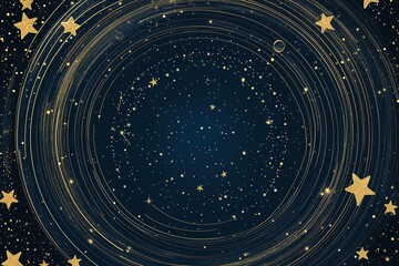 A starry sky background with shooting stars, in a cartoon style with simple lines, a white and gold color scheme, and a dark blue solid color background, with blank space in the center of the screen 