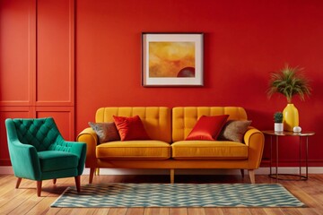 Vibrant orange sofa and chair near teal wall with poster frame. Scandinavian interior design of modern living room.