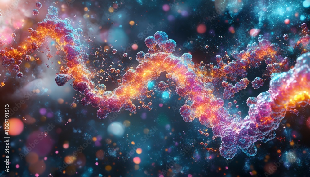 Wall mural Abstract 3D render of a DNA helix with glowing particles and bokeh effect in the background.