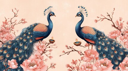 Naklejka premium Beautifully designed Diwali festival banner intricate patterns of peacocks and diyas on a light pink background offering ample space in the center for custom festive messages or greetings