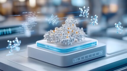 A futuristic depiction of molecular structures floating above a high-tech platform, illustrating advanced scientific concepts and digital interactions.
